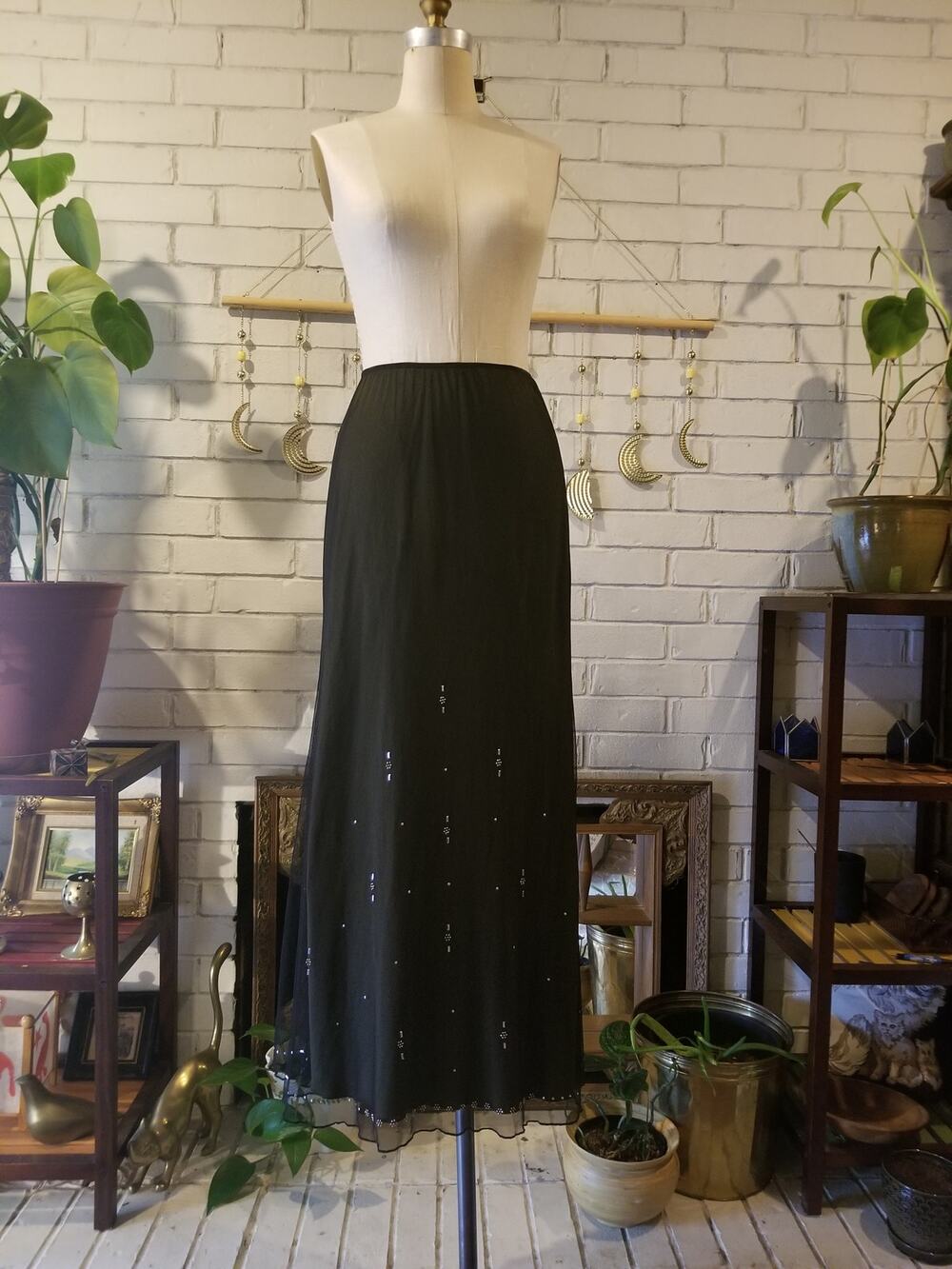 Vintage Anthropologie Y2K Black Mesh Studded Maxi Skirt Layered Tagged L Fits M